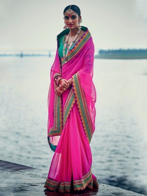 Pink Saree Aqua Green Blouse