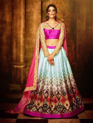 Multi Color Bangalore Silk Lehenga Choli with Embroidery Work