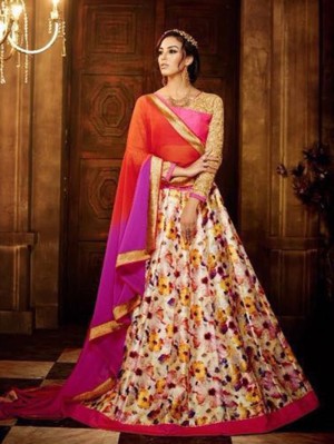 Cream & Pink Silk Lehanga