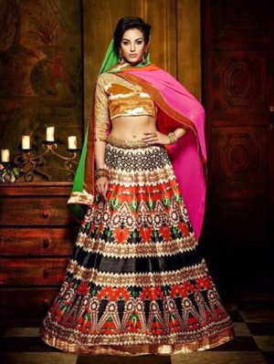 Multi Color Bangalore Silk Lehenga Choli with Embroidery Work