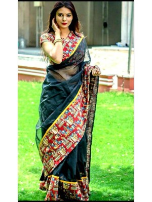 Black Super Net Cotton Saree with Kalamkari Patch